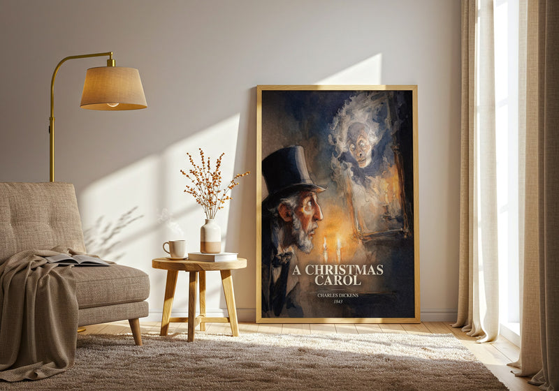 A Christmas Carol watercolour print in frame leaning in hallway – classic literature wall art
