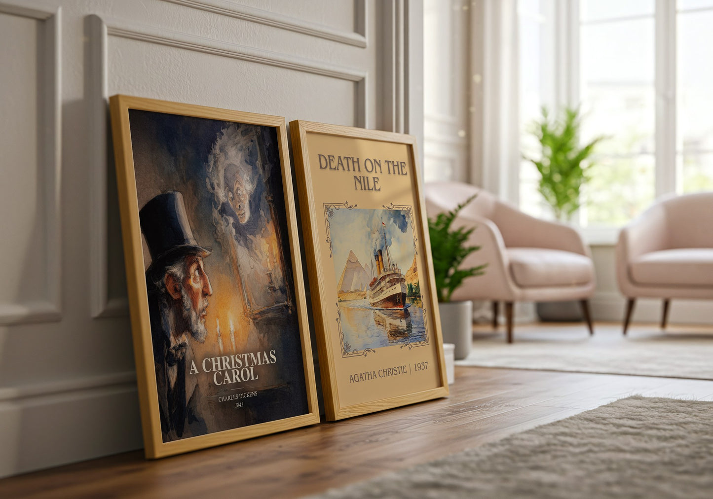 A Christmas Carol watercolour print framed by window – literary home decor