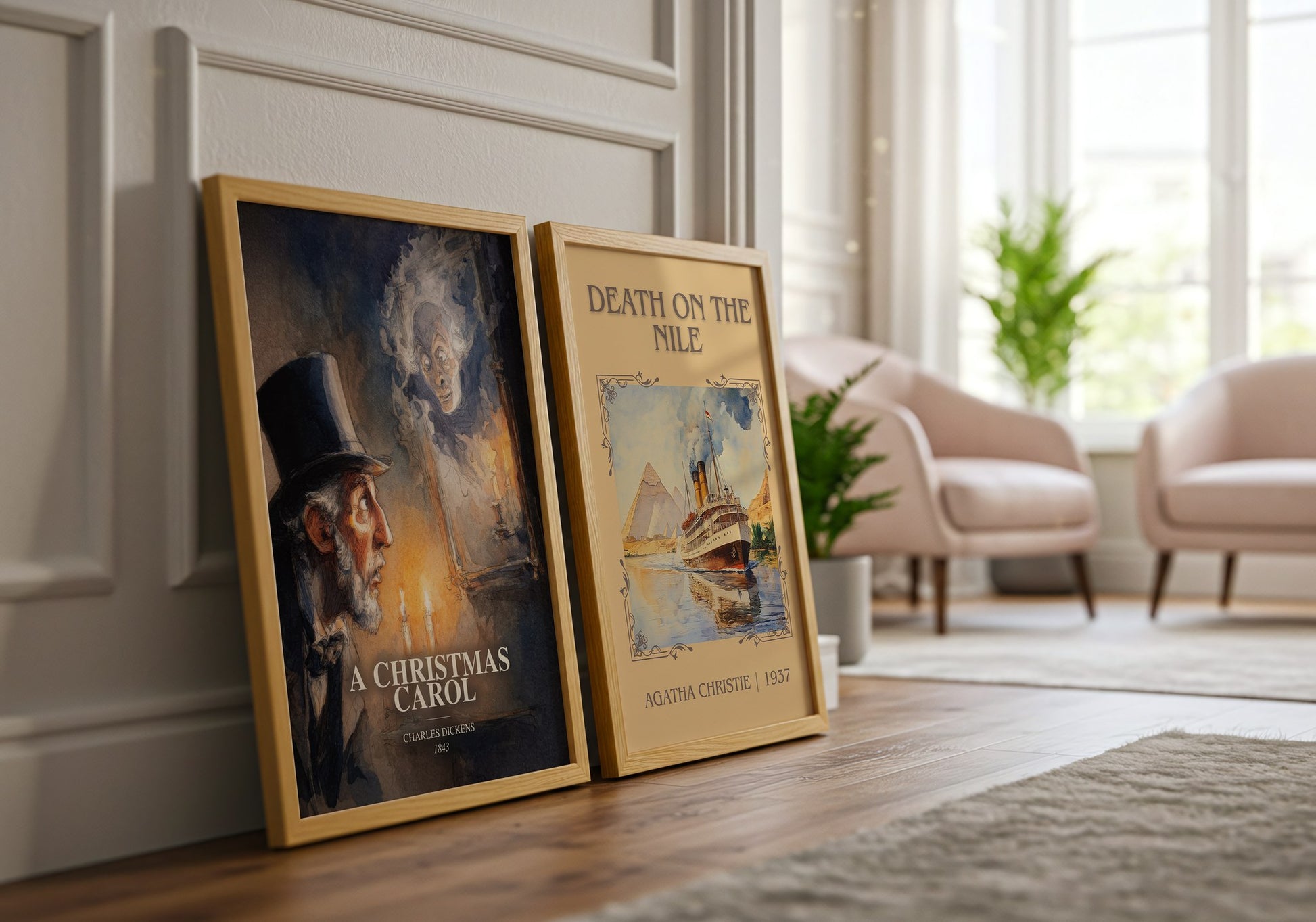 A Christmas Carol watercolour print framed by window – literary home decor