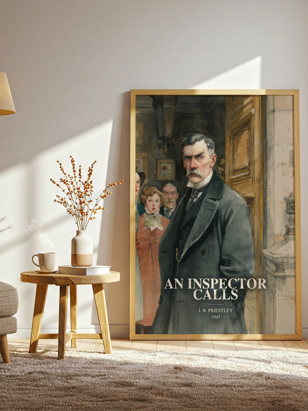 An Inspector Calls watercolour print in frame leaning in hallway – literary fiction wall art