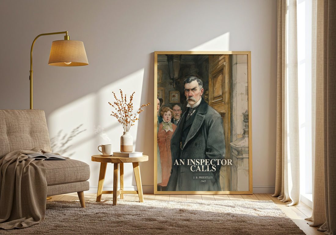 An Inspector Calls watercolour print in frame leaning in hallway – literary fiction wall art (mockup)
