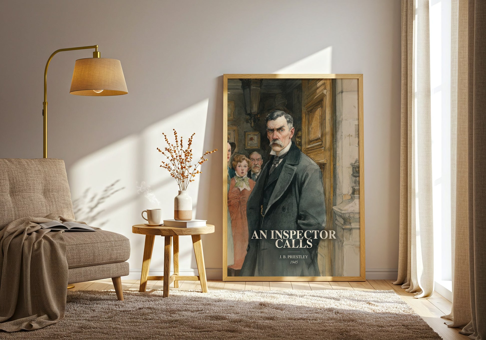 An Inspector Calls watercolour print in frame leaning in hallway – literary fiction wall art