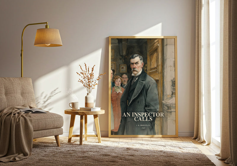 An Inspector Calls watercolour print in frame leaning in hallway – literary fiction wall art