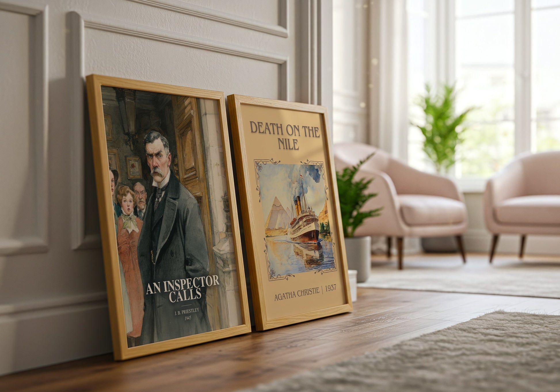 An Inspector Calls watercolour print framed by window – literary home decor