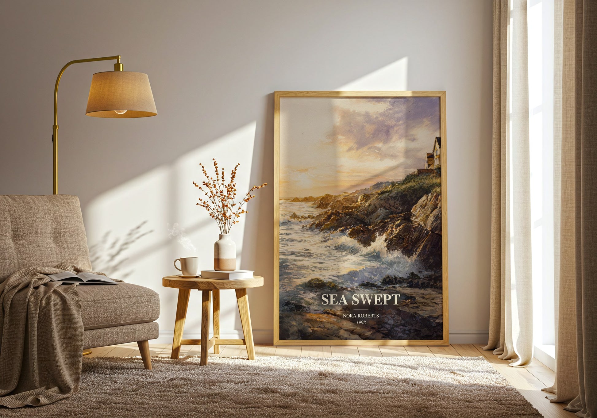 Sea Swept watercolour print in frame leaning in hallway – romance wall art
