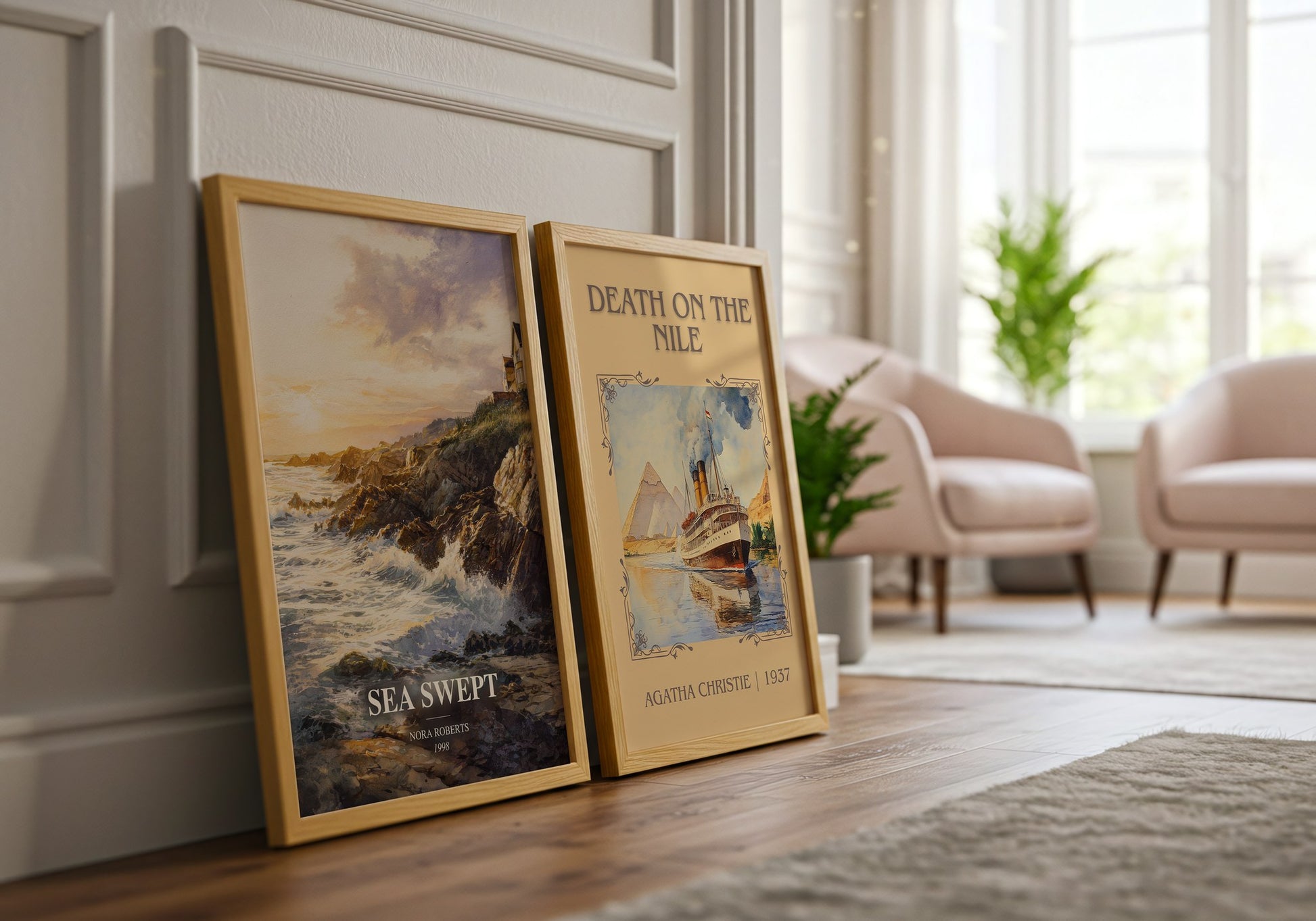 Sea Swept watercolour print framed by window – literary home decor