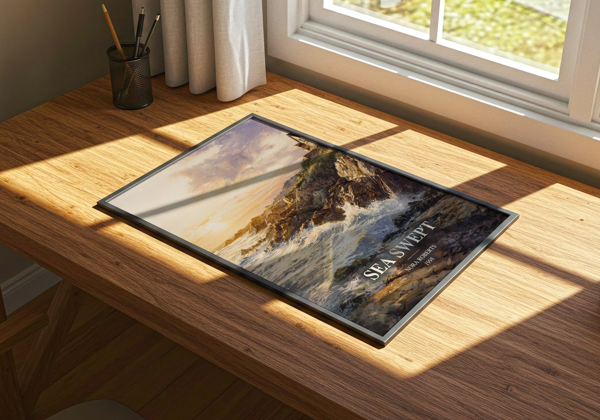 Sea Swept watercolour book poster framed on wall – romance wall art