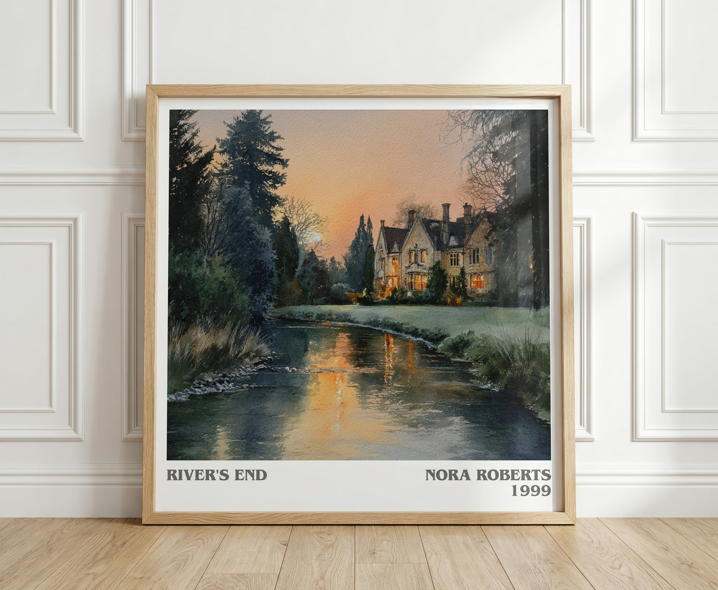 River's End literary print in frame leaning in hallway – thriller wall art
