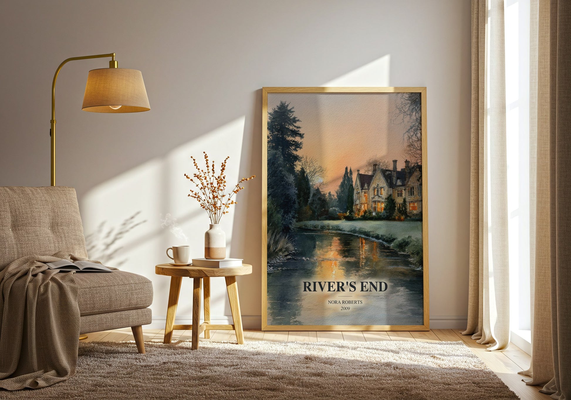 River'S End watercolour print in frame leaning in hallway – thriller wall art