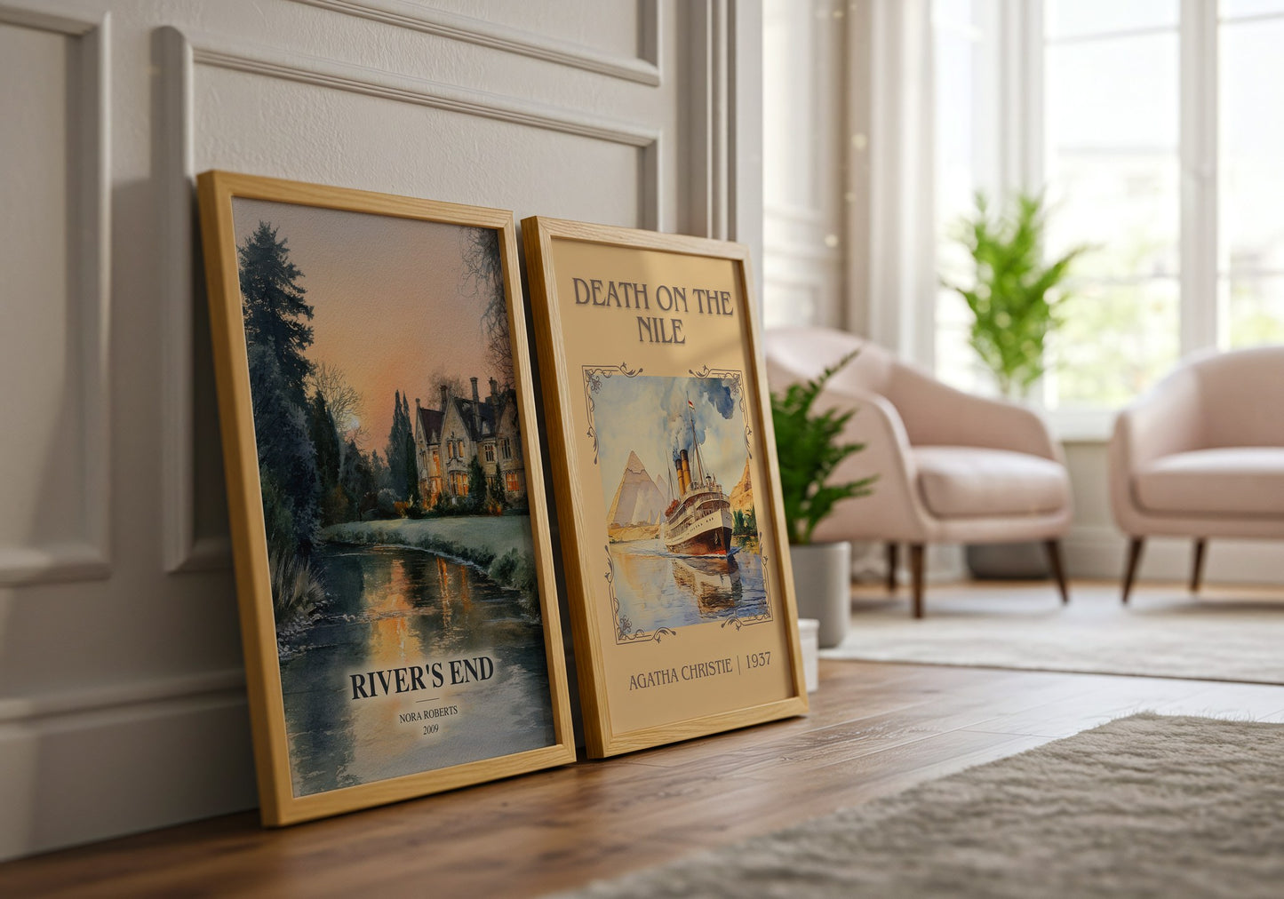 River'S End watercolour print framed by window – literary home decor