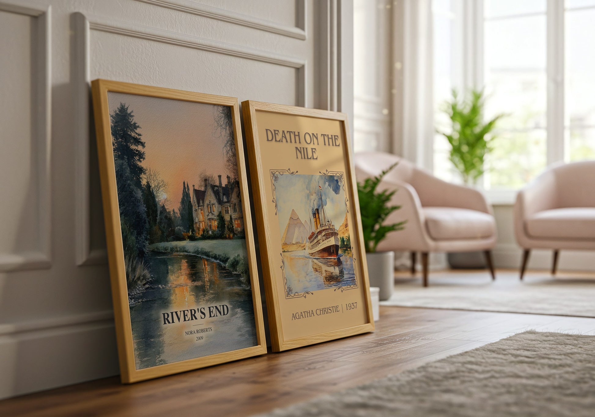 River'S End watercolour print framed by window – literary home decor