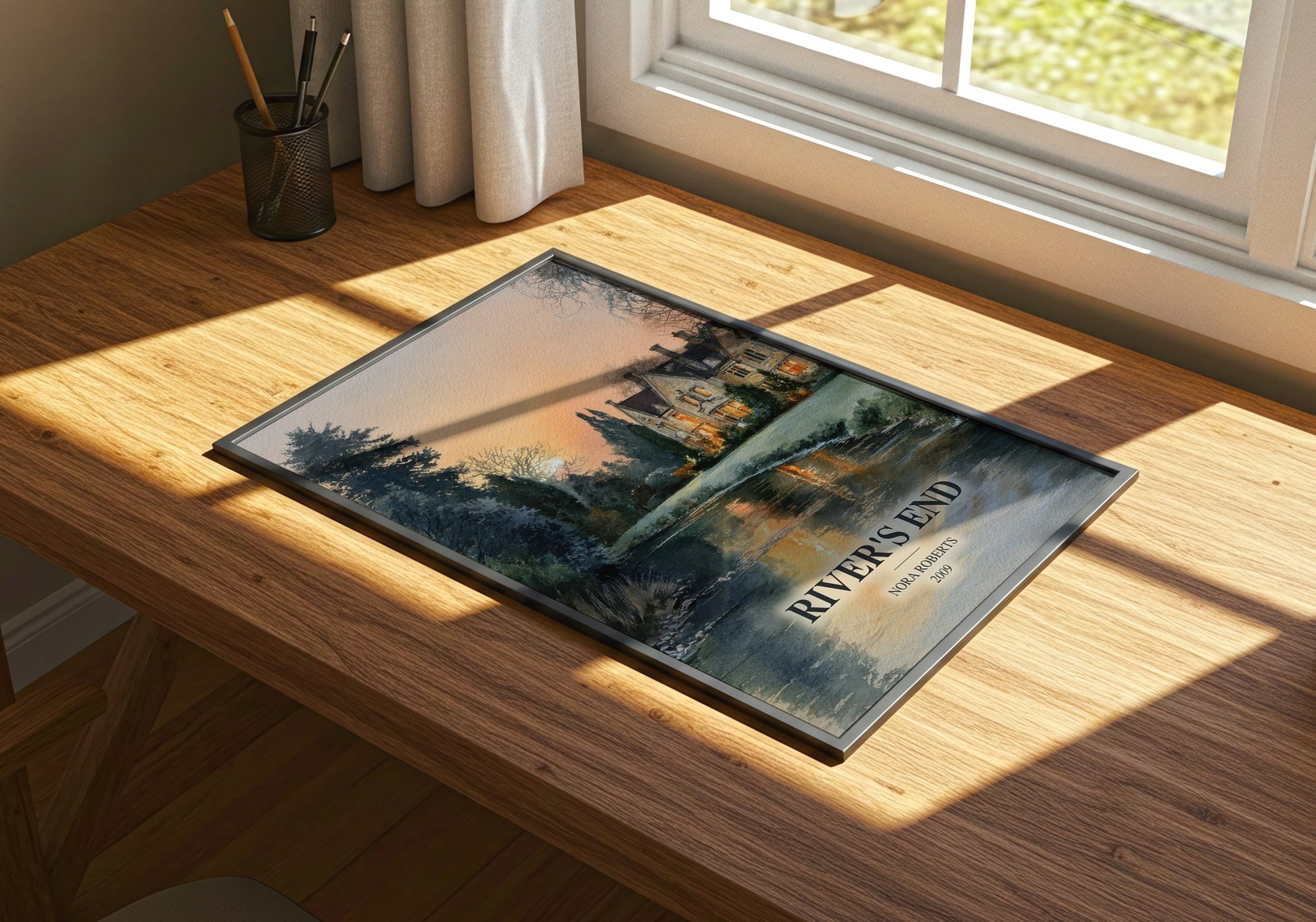 River'S End watercolour book poster framed on wall – thriller wall art
