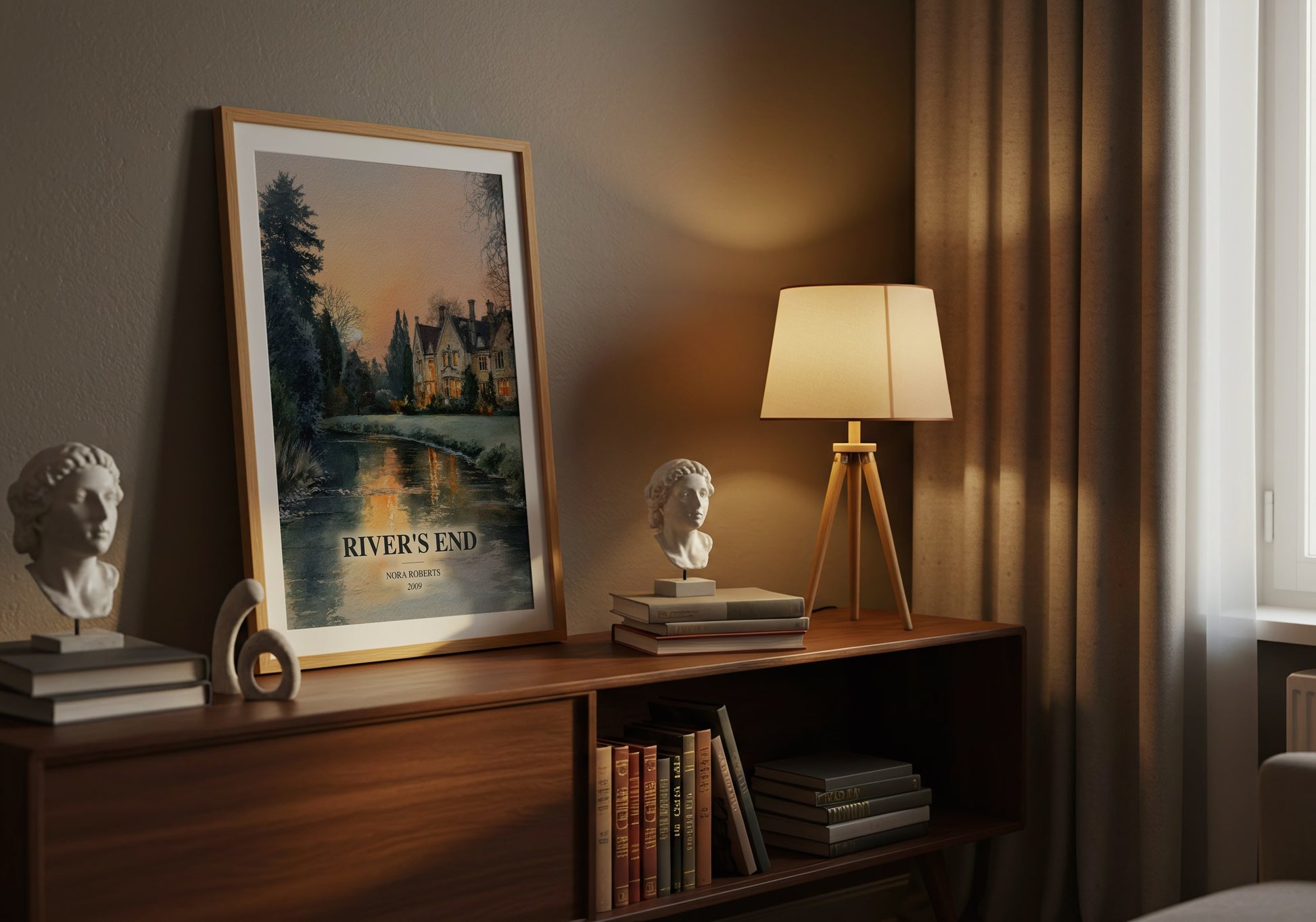 River'S End watercolour print on bookshelf – Nora Roberts fan gift