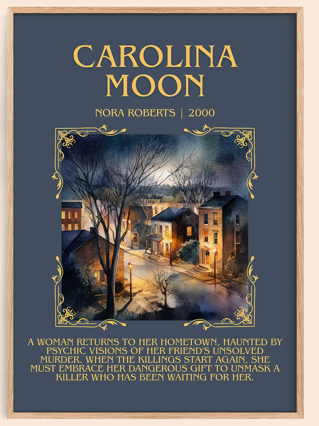 Carolina Moon minimalist book poster by Nora Roberts – framed literary art print