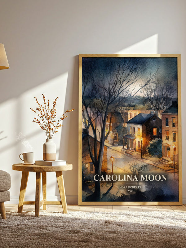 Carolina Moon watercolour print in frame leaning in hallway – romance wall art