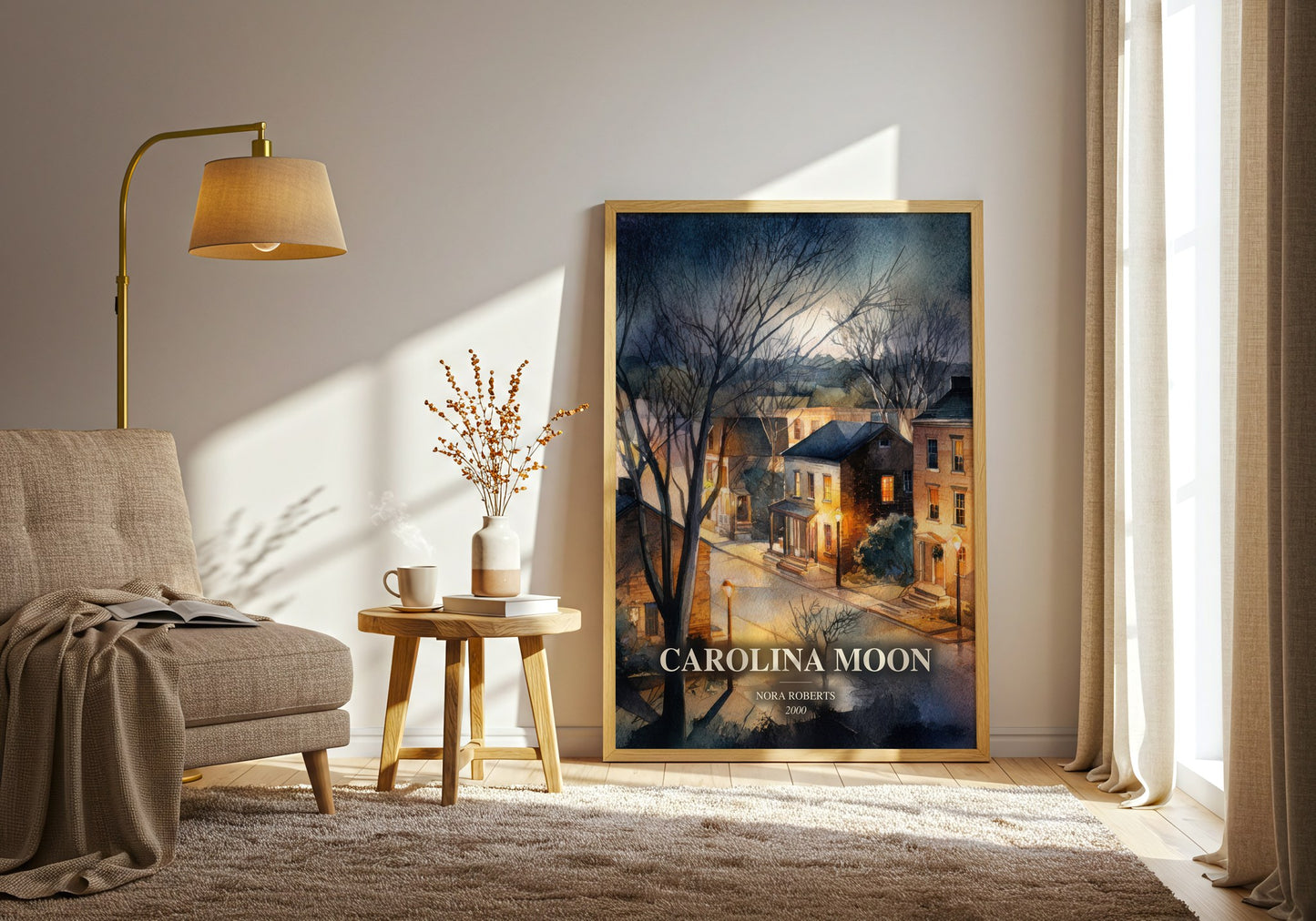 Carolina Moon watercolour print in frame leaning in hallway – romance wall art
