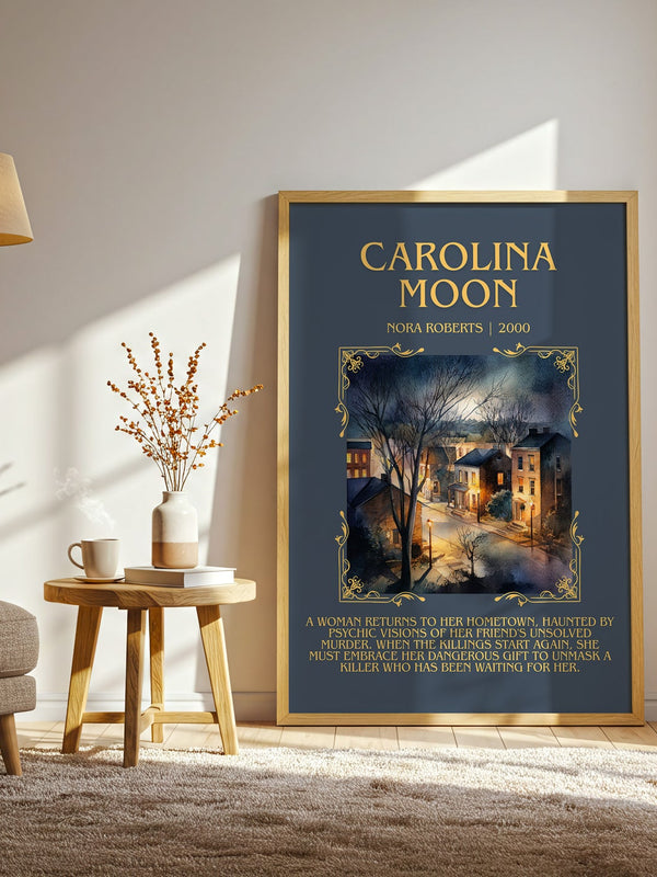 Carolina Moon minimalist print in frame leaning in hallway – romance wall art