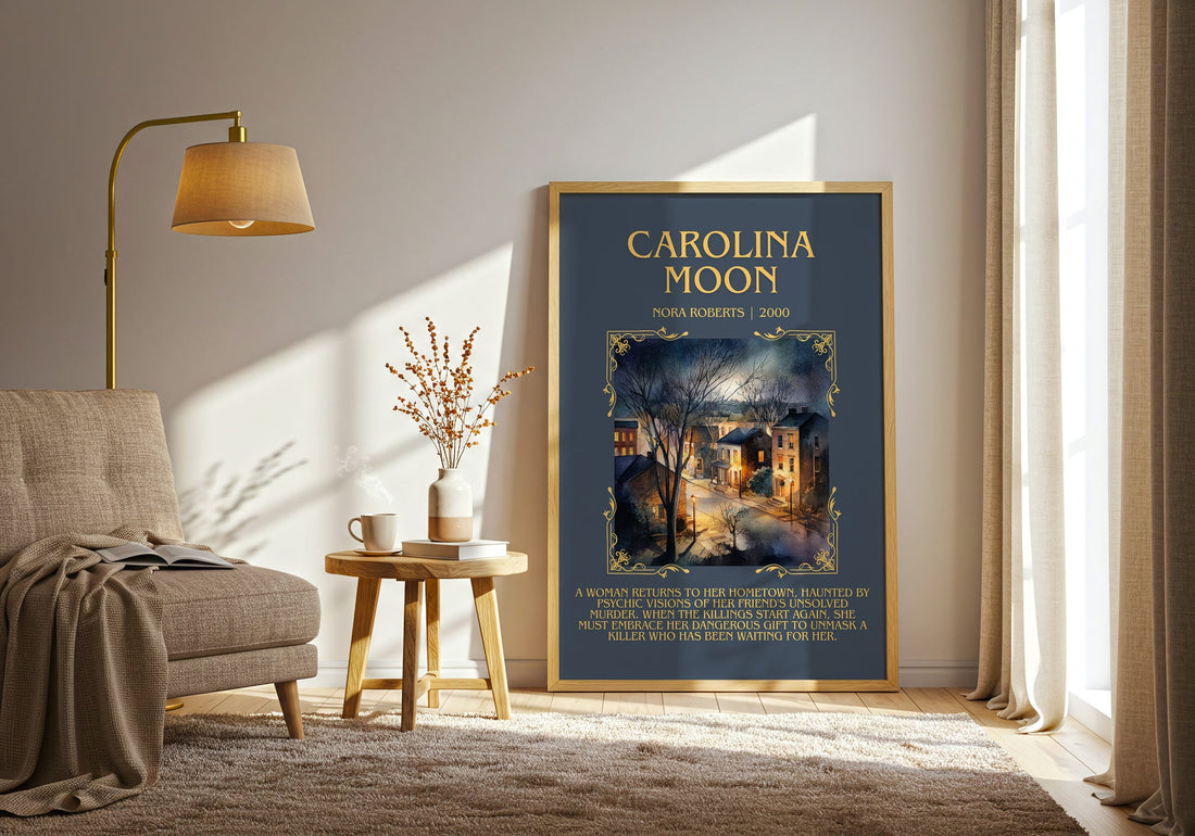 Carolina Moon minimalist print in frame leaning in hallway – romance wall art (mockup)