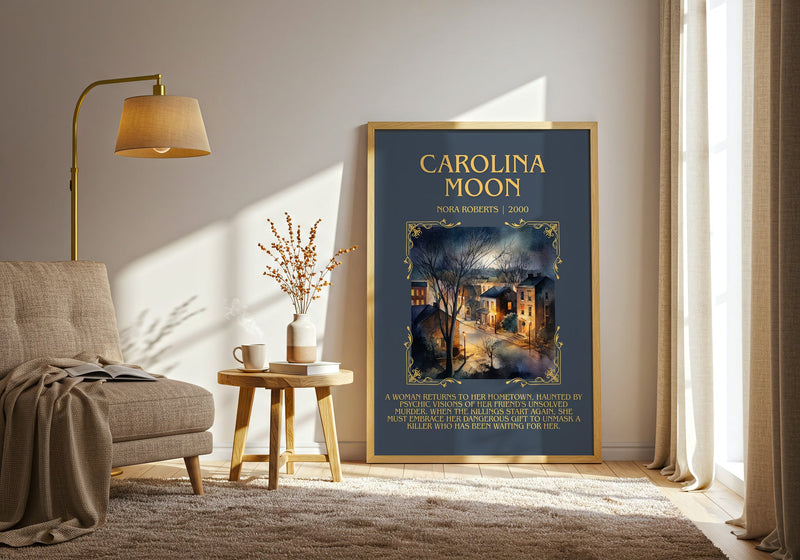 Carolina Moon minimalist print in frame leaning in hallway – romance wall art
