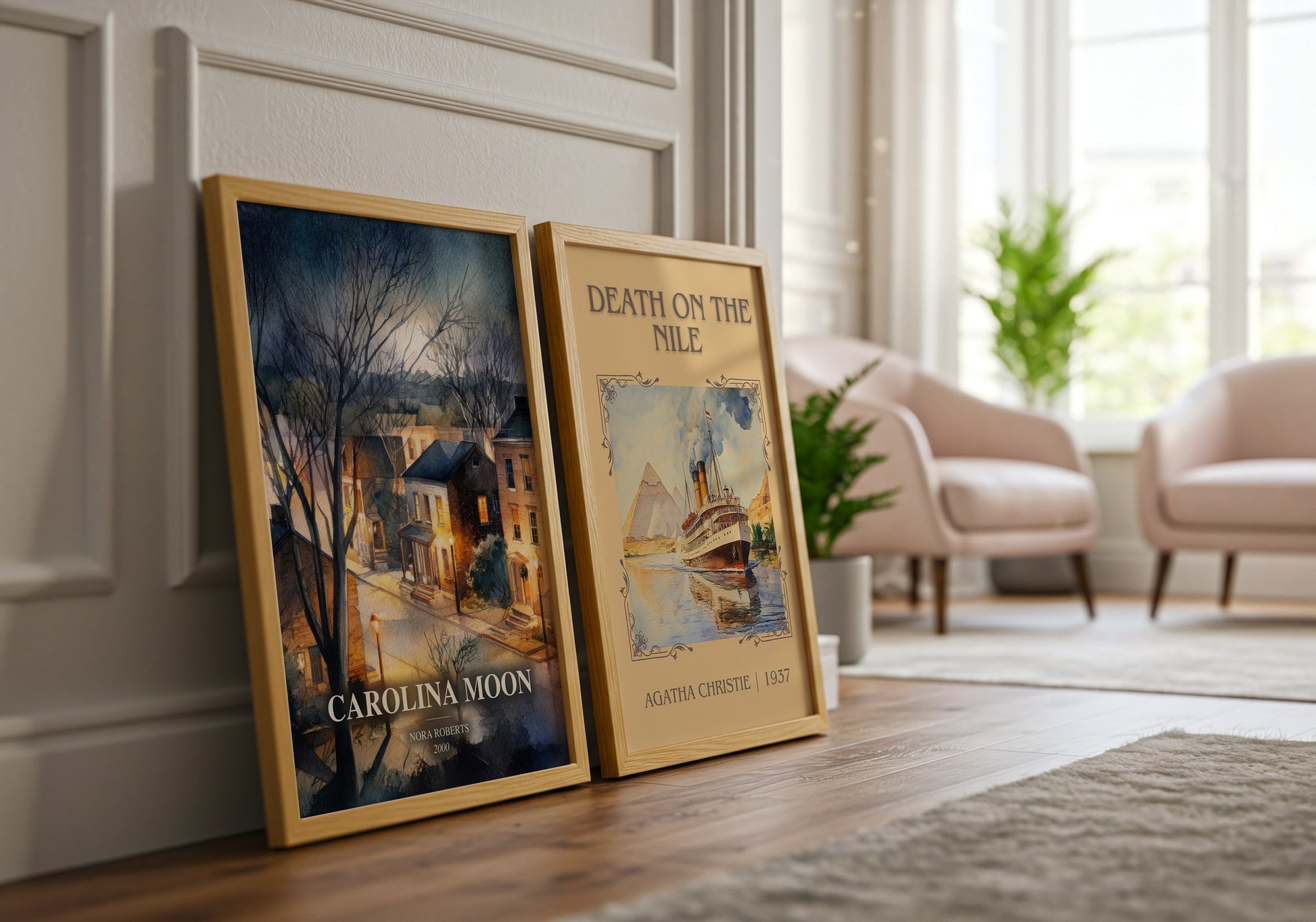 Carolina Moon watercolour print framed by window – literary home decor