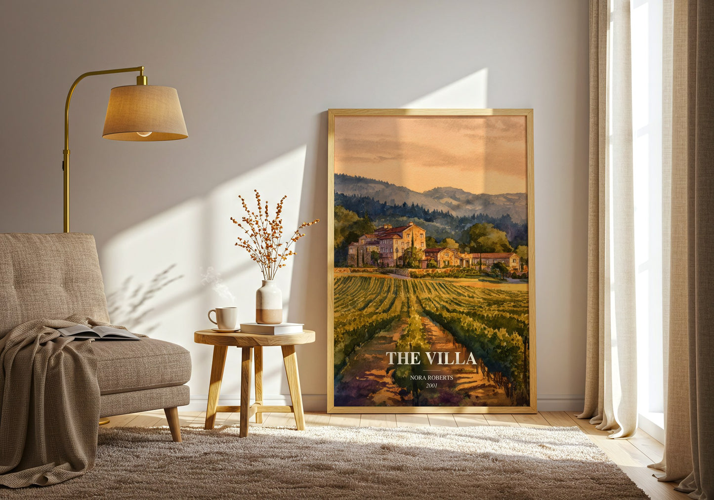 The Villa watercolour print in frame leaning in hallway – romance wall art