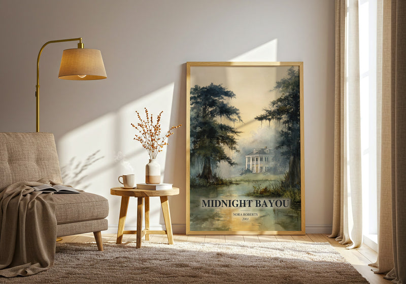 Midnight Bayou watercolour print in frame leaning in hallway – romance wall art