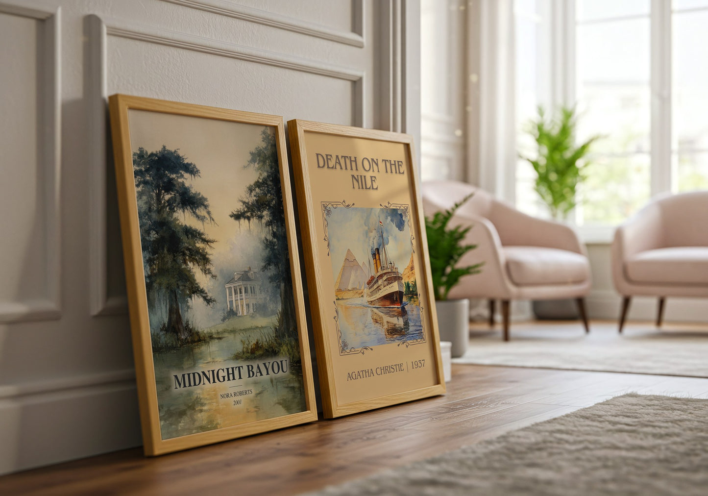 Midnight Bayou watercolour print framed by window – literary home decor