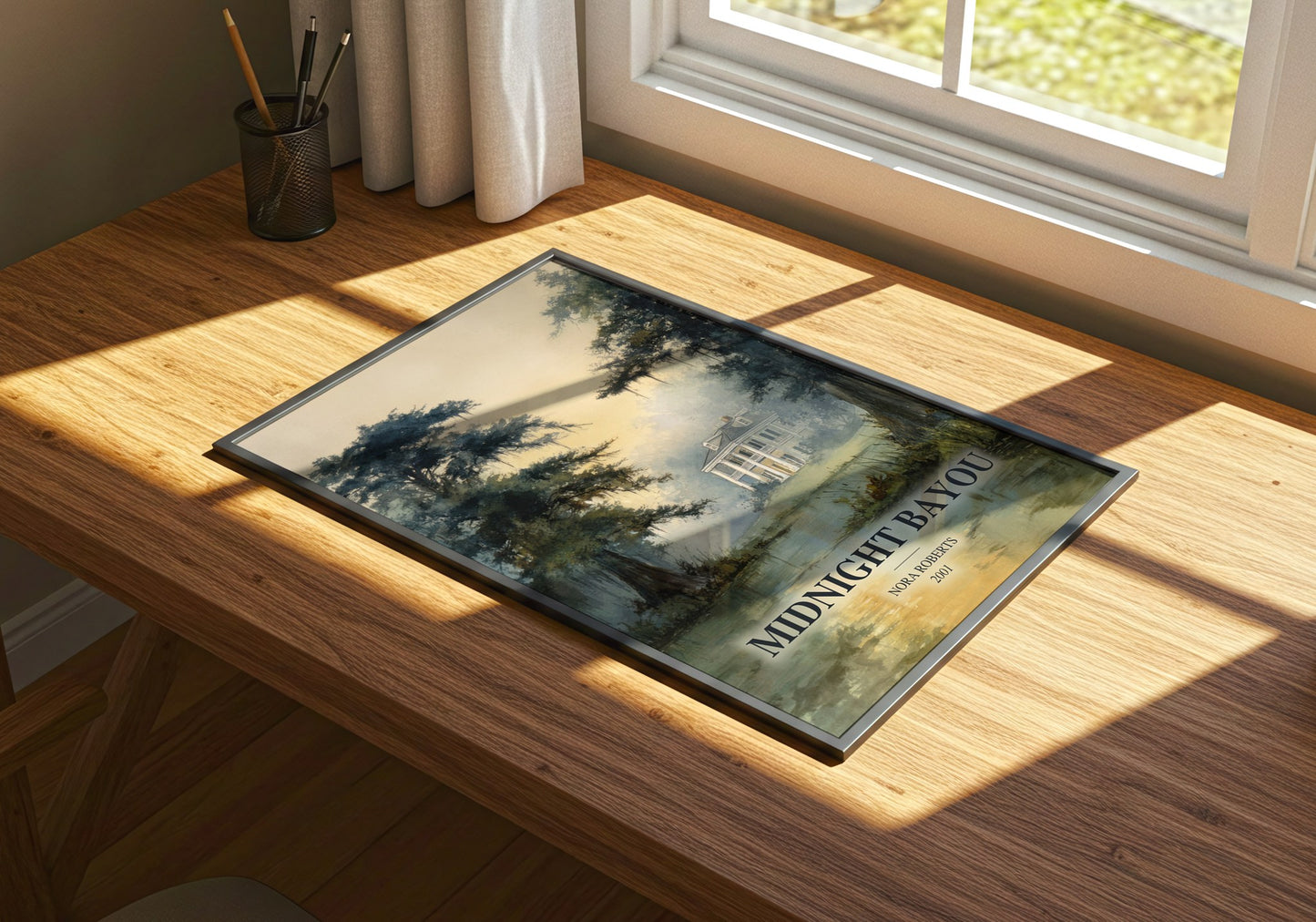 Midnight Bayou watercolour book poster framed on wall – romance wall art