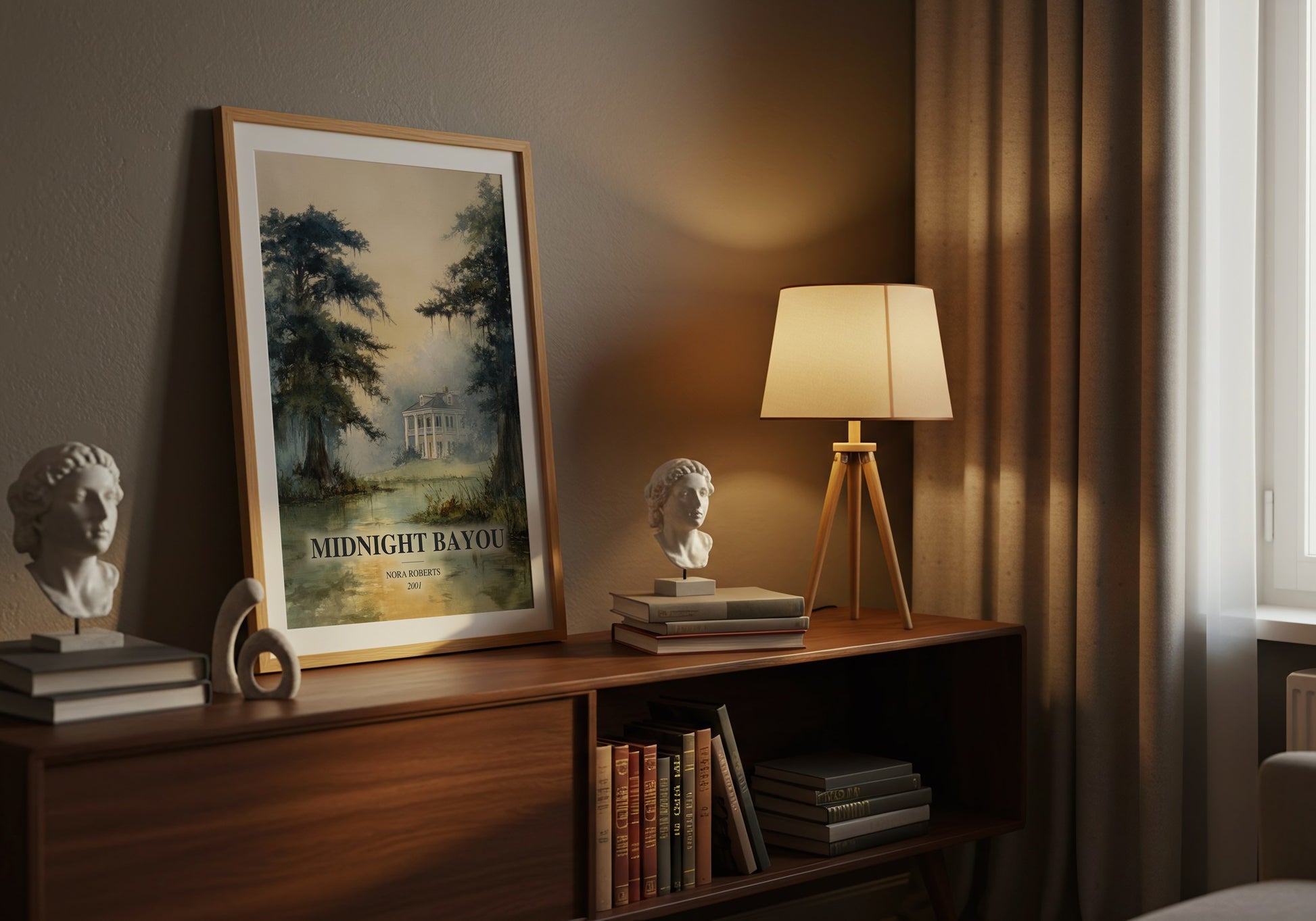 Midnight Bayou watercolour print on bookshelf – Nora Roberts fan gift