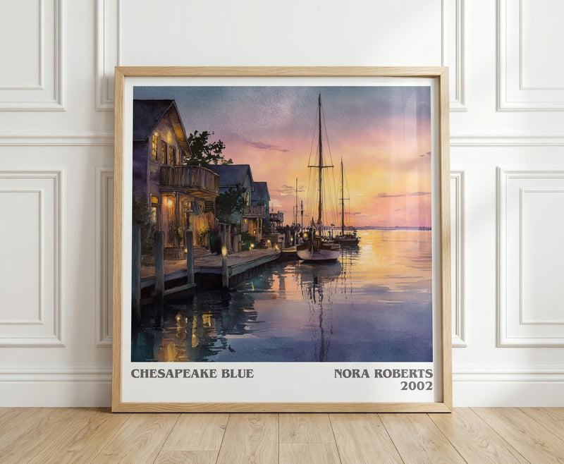 Chesapeake Blue literary print in frame leaning in hallway – romance wall art