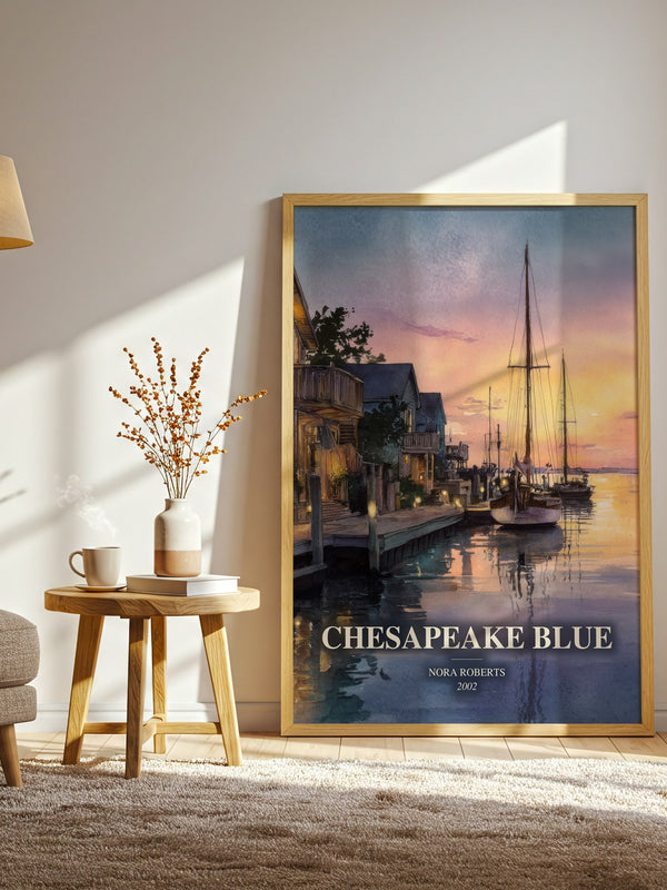 Chesapeake Blue watercolour print in frame leaning in hallway – romance wall art