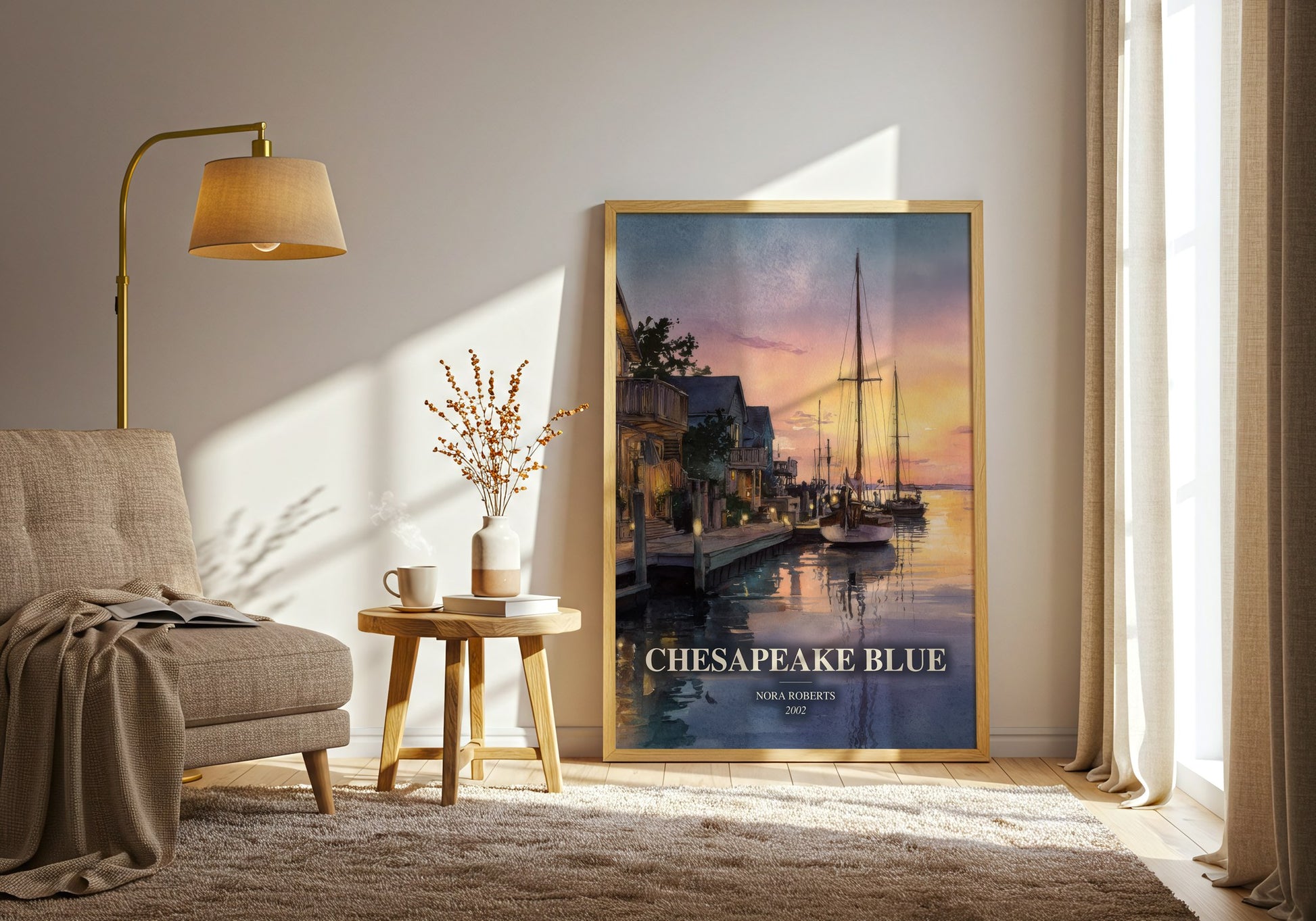 Chesapeake Blue watercolour print in frame leaning in hallway – romance wall art
