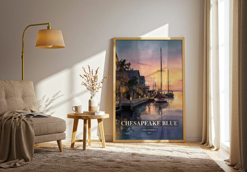 Chesapeake Blue watercolour print in frame leaning in hallway – romance wall art