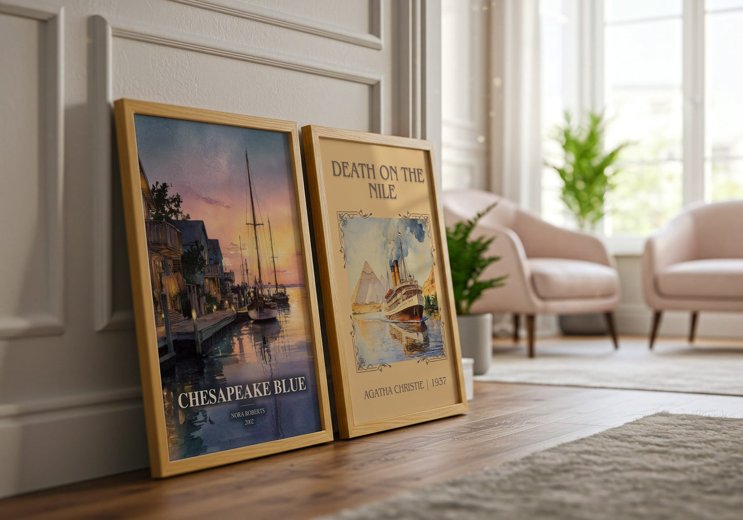 Chesapeake Blue watercolour print framed by window – literary home decor
