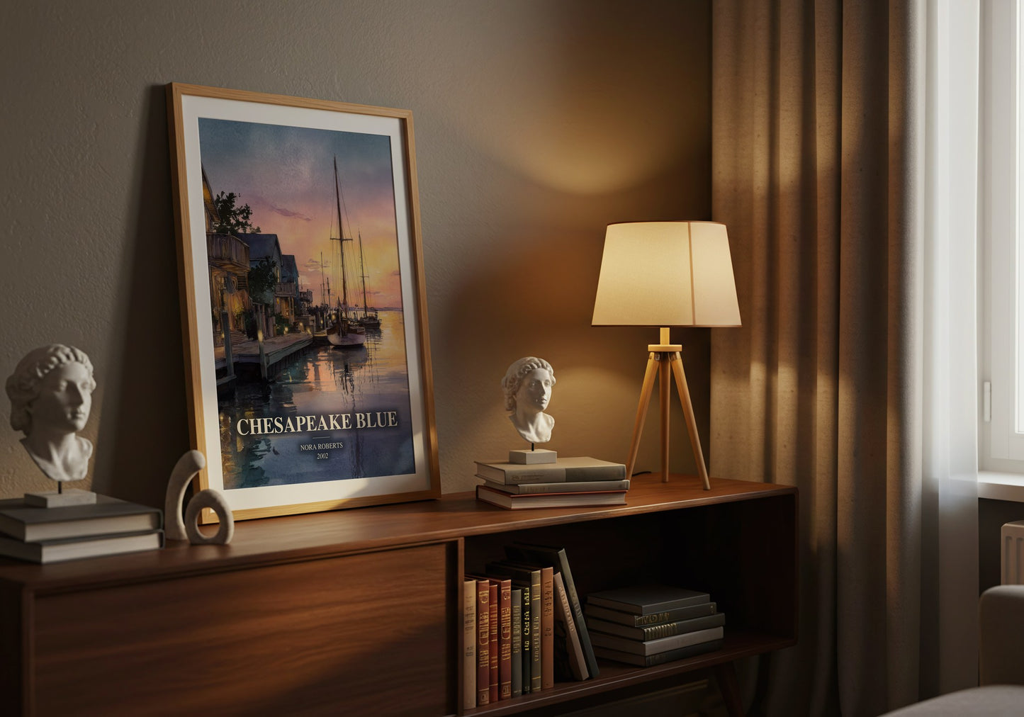 Chesapeake Blue watercolour print on bookshelf – Nora Roberts fan gift