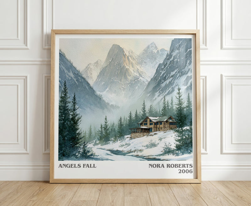 Angels Fall literary print in frame leaning in hallway – romance wall art