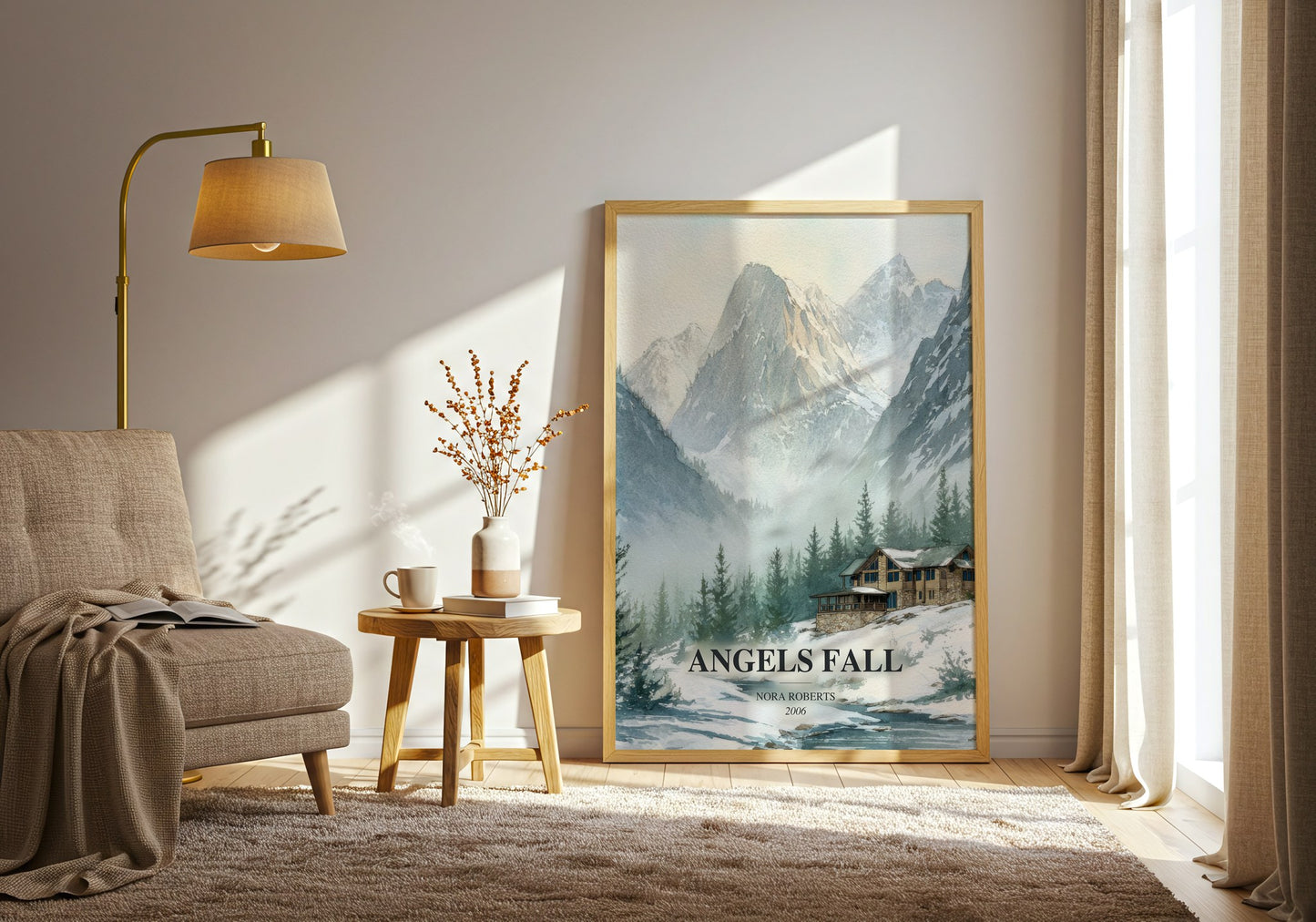 Angels Fall watercolour print in frame leaning in hallway – thriller wall art
