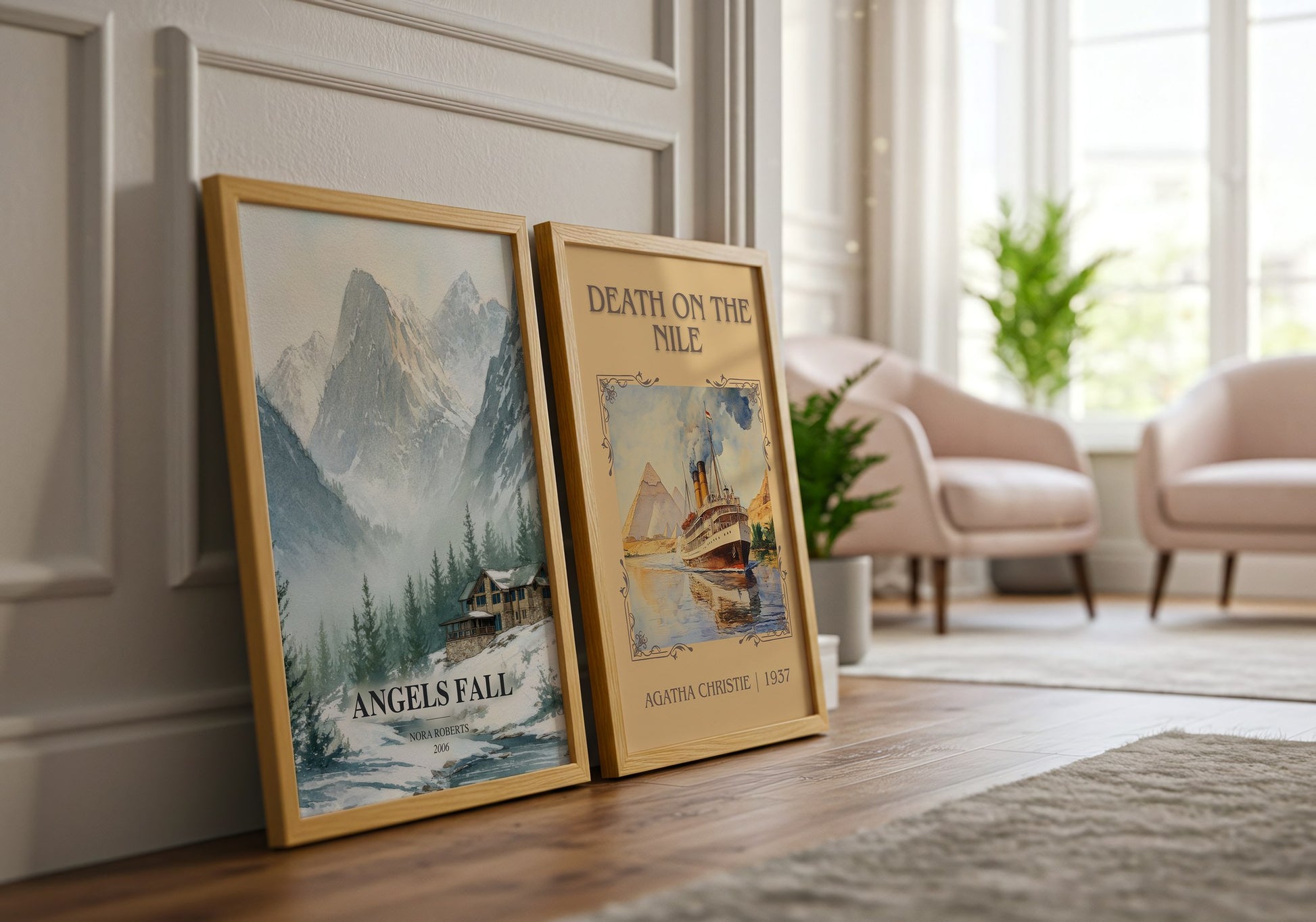 Angels Fall watercolour print framed by window – literary home decor