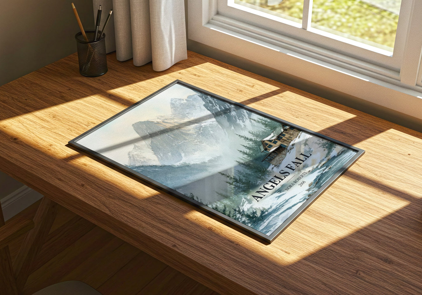 Angels Fall watercolour book poster framed on wall – thriller wall art
