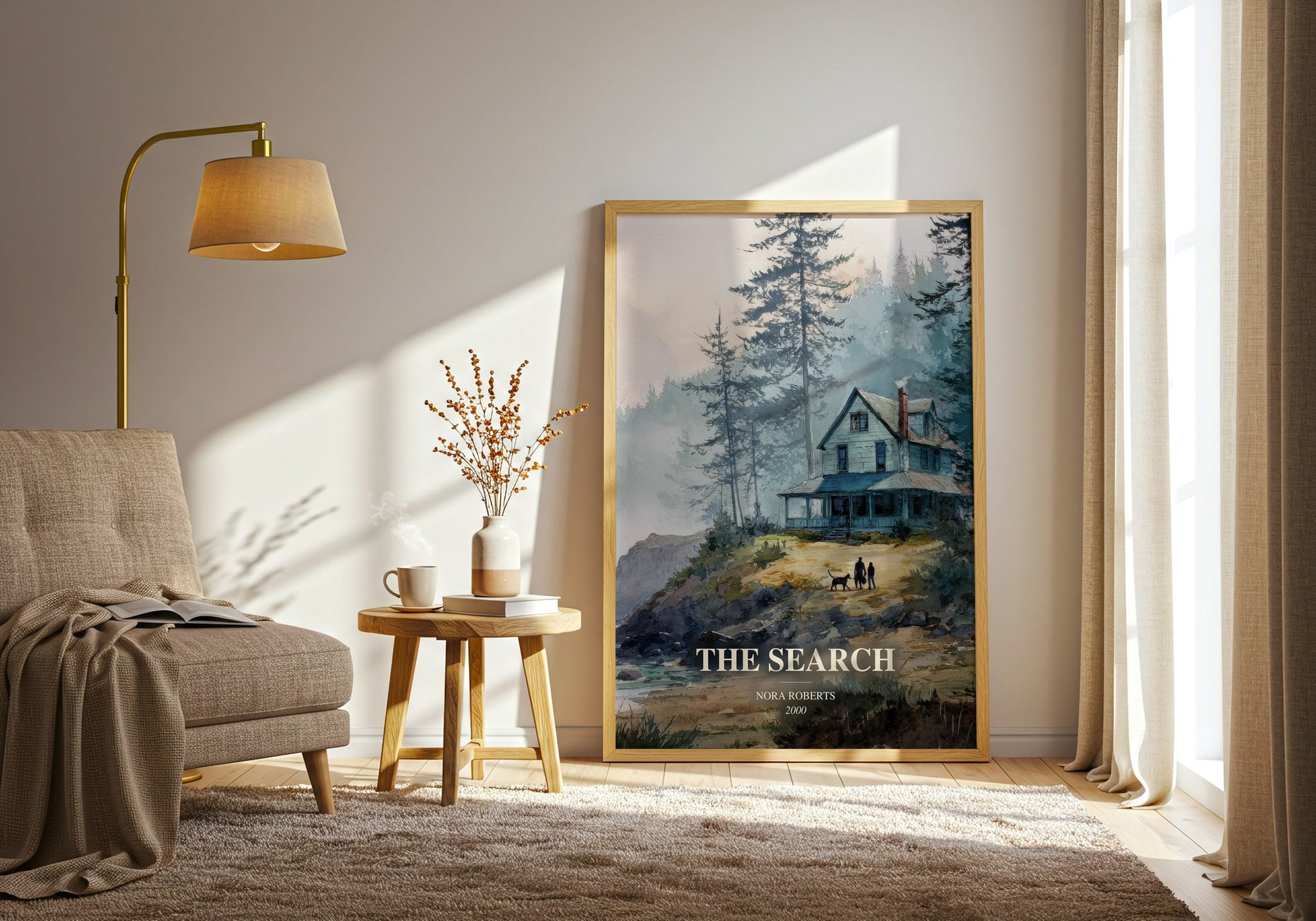 The Search watercolour print in frame leaning in hallway – romance wall art