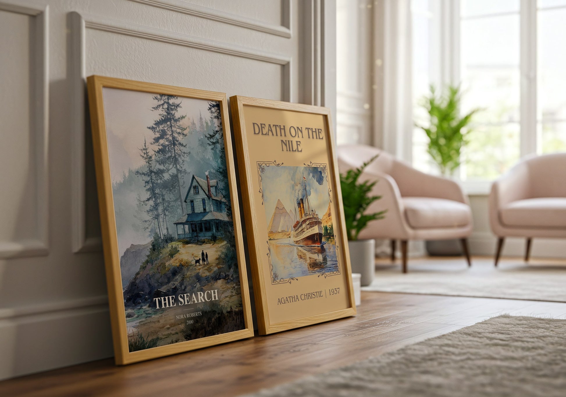 The Search watercolour print framed by window – literary home decor