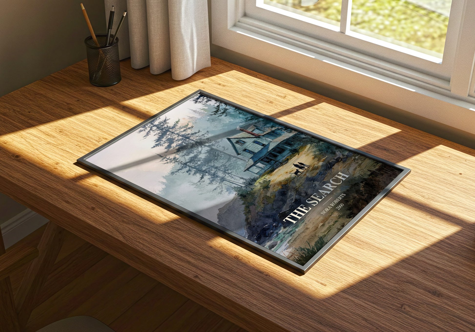 The Search watercolour book poster framed on wall – romance wall art