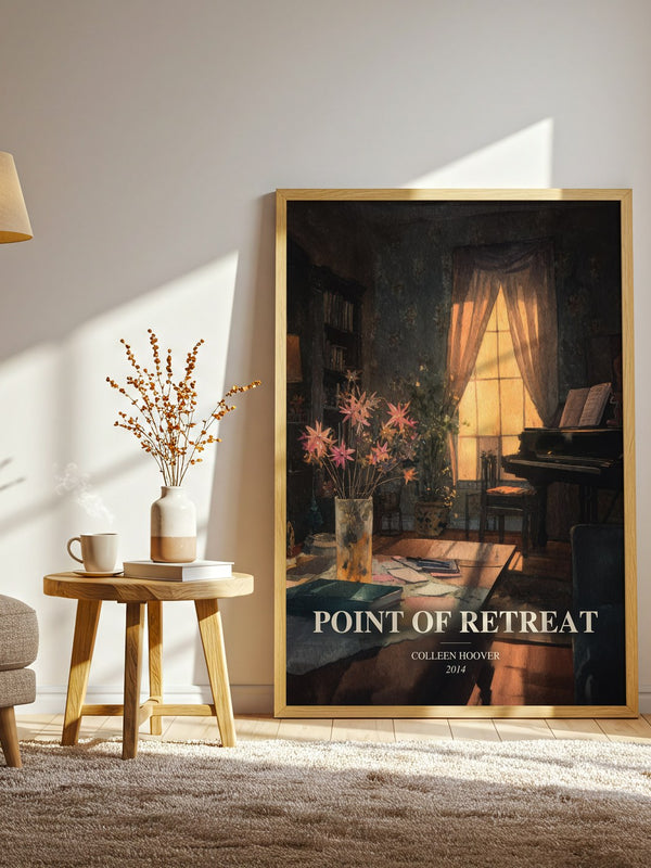 Point Of Retreat watercolour print in frame leaning in hallway – contemporary fiction wall art