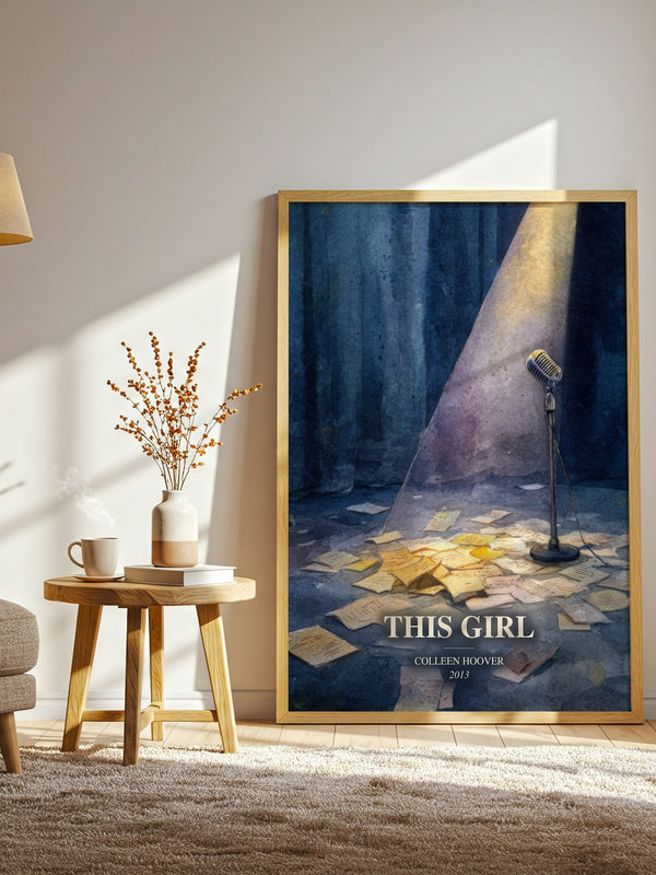This Girl watercolour print in frame leaning in hallway – contemporary fiction wall art