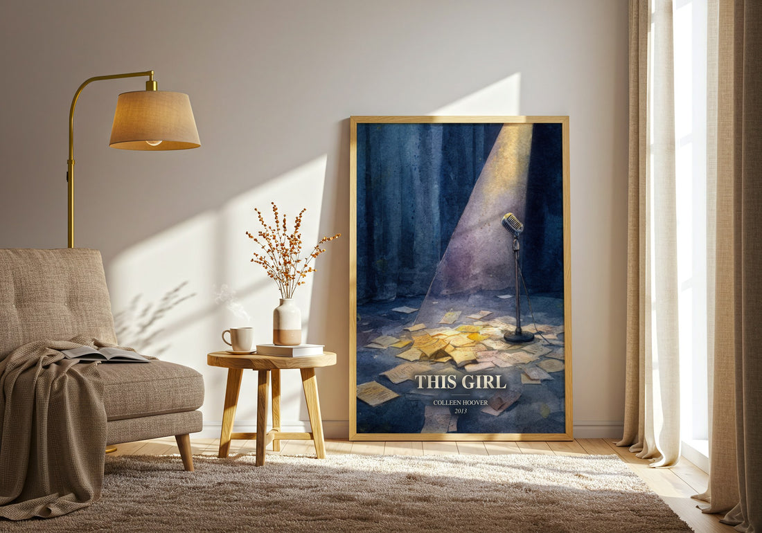 This Girl watercolour print in frame leaning in hallway – contemporary fiction wall art (mockup)