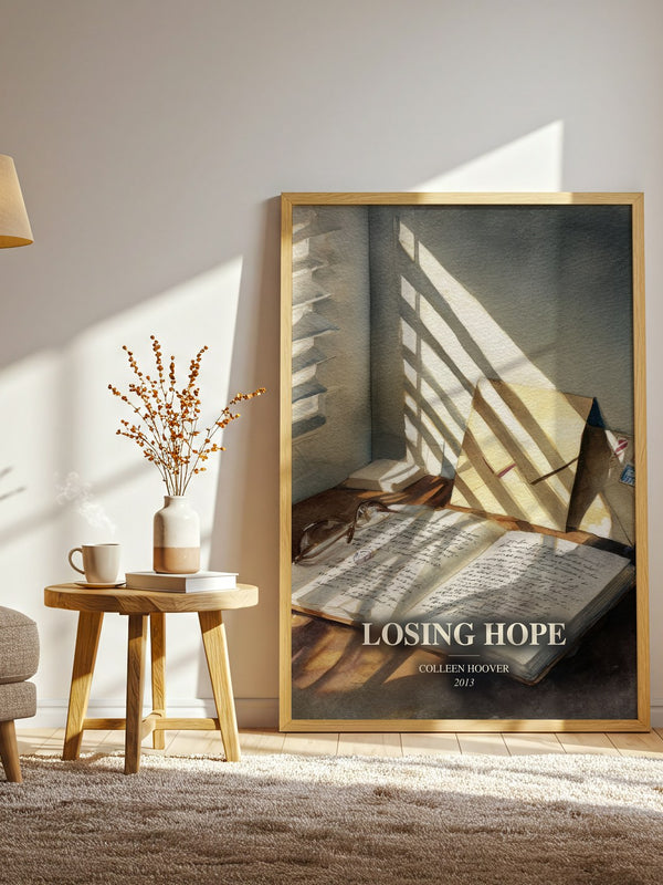 Losing Hope watercolour print in frame leaning in hallway – contemporary fiction wall art