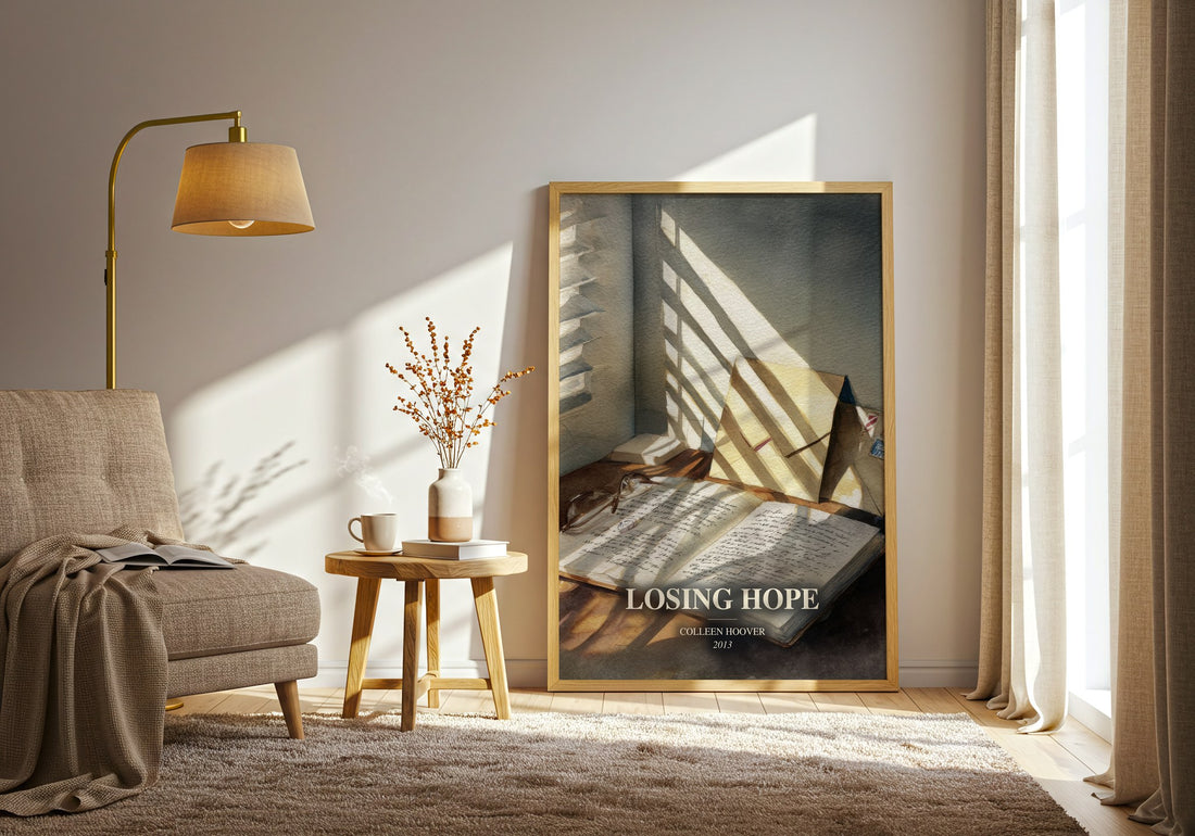 Losing Hope watercolour print in frame leaning in hallway – contemporary fiction wall art (mockup)