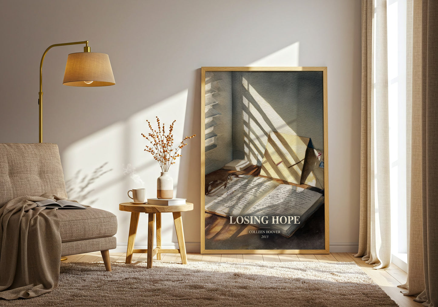 Losing Hope watercolour print in frame leaning in hallway – contemporary fiction wall art