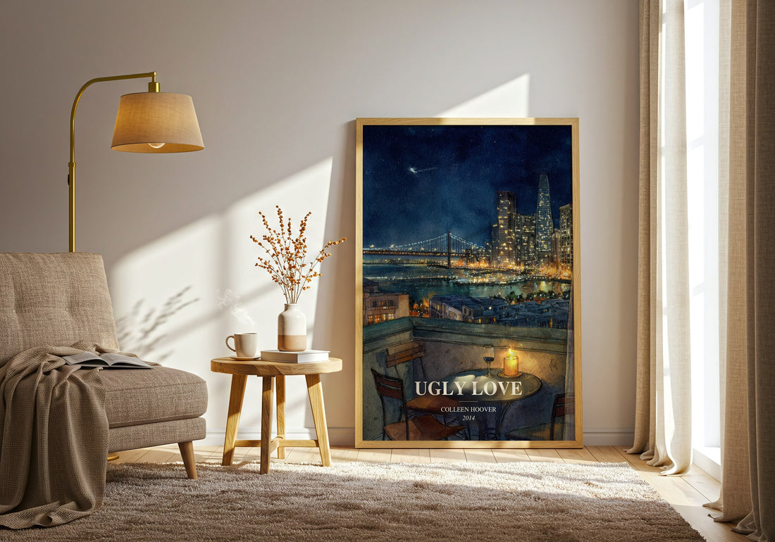 Ugly Love watercolour print in frame leaning in hallway – romance wall art (mockup)