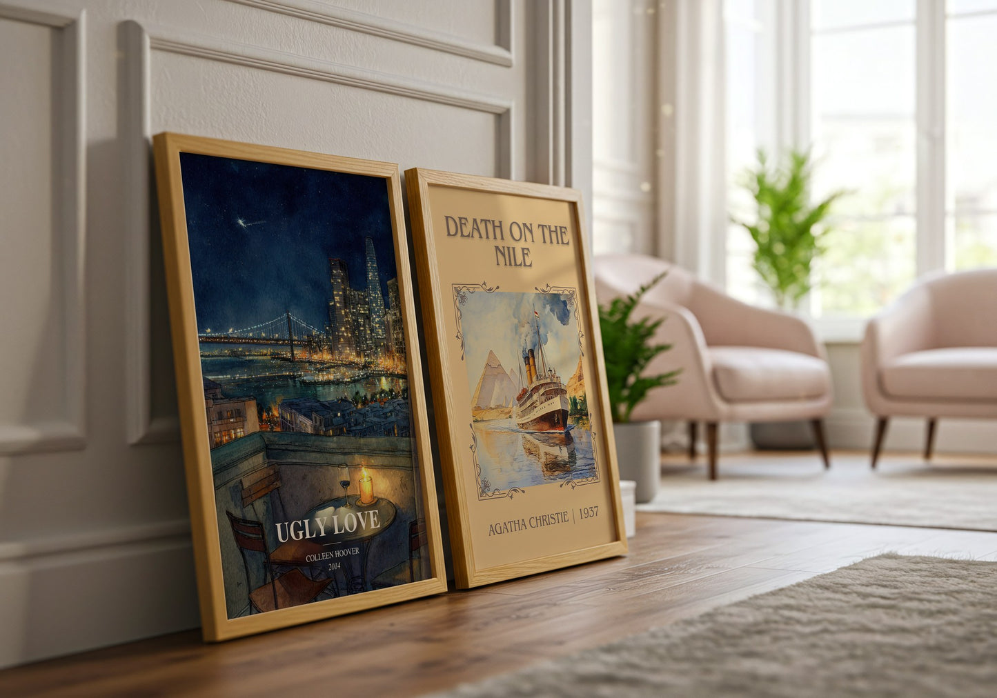 Ugly Love watercolour print framed by window – literary home decor